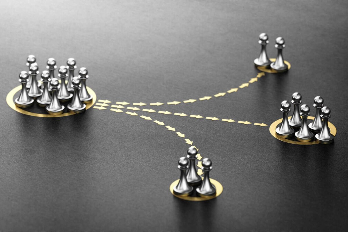 3D illustration of pawns segmented in different categories over black background. concept of audience segmentation.